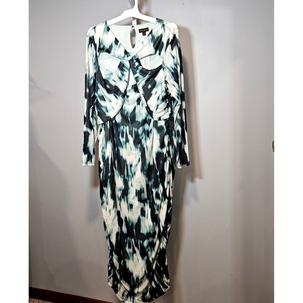 NWT Bold Elements Size 2X Abstract Print Lined Maxi Dress Bodice Cutouts Ruching